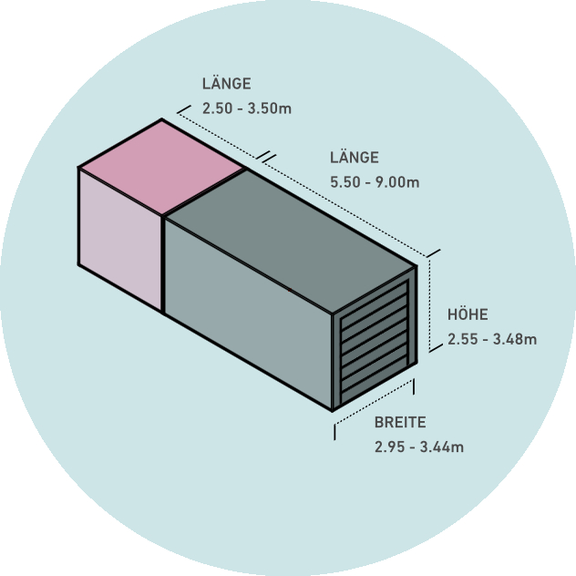 Grafik mit Abmessungen für eine Garage mit Anbau, zeigt verschiedene Größenoptionen.
