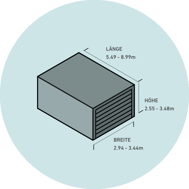 Grafik einer Großraumgarage mit allgemeinen Abmessungen, zeigt flexible Größenoptionen für geräumige Garagen.