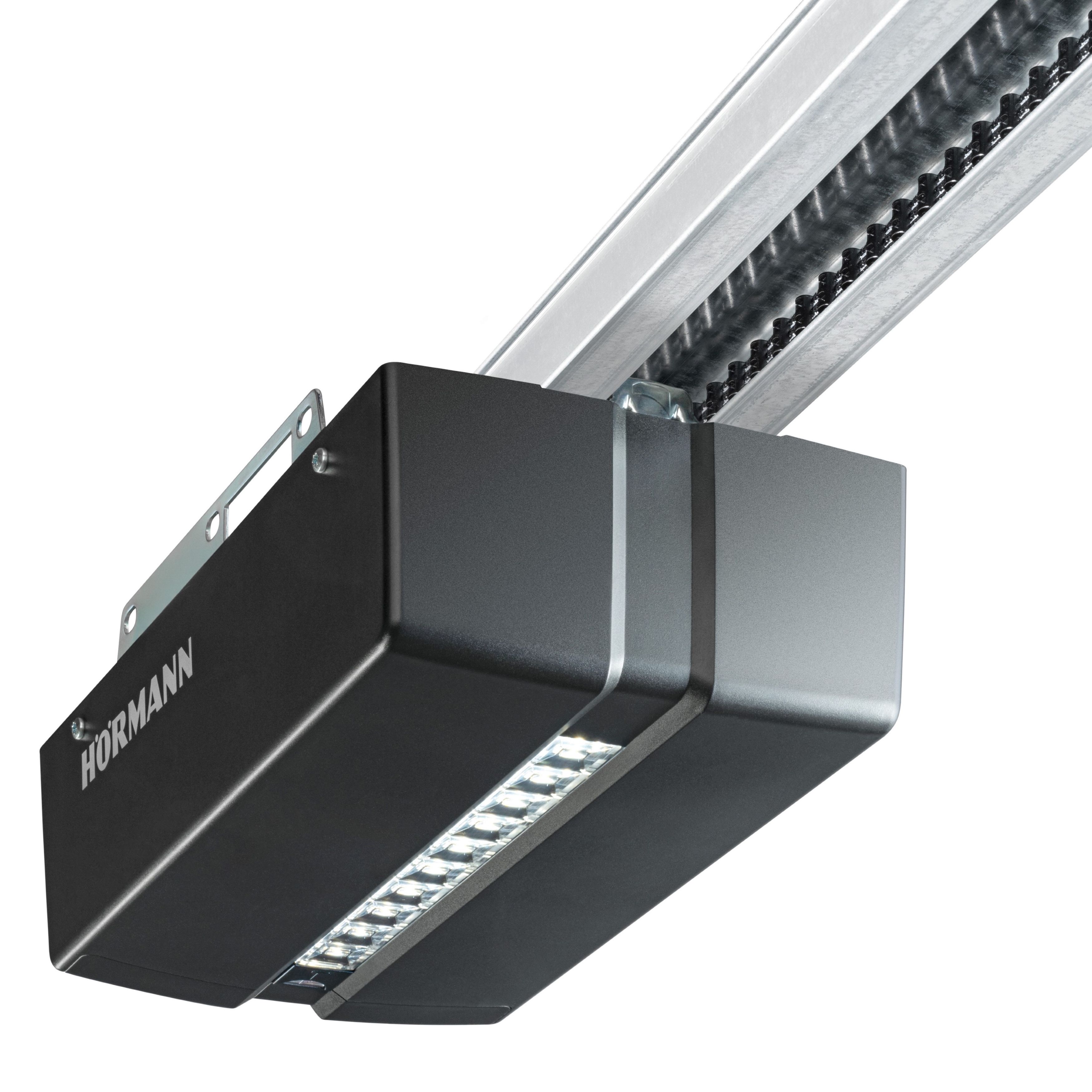 Ein Elektrischer Torantrieb in schwarz mit einer integrierten Led Lichtleiste, vor einem weißen Hintergrund. 